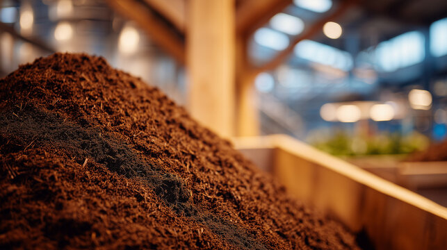 Close-up of organic material in large indoor compost plant, moist and textured vegetable scraps, detailed surface patterns, industrial environment softly visible in background