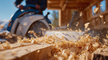 Macro view of log on industrial sawmill, circular saw partially visible, wood shavings flying slightly, sunlight streaming through workshop windows, highlighting textures and woodw