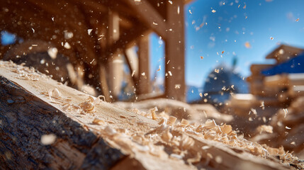 Macro view of log on industrial sawmill, circular saw partially visible, wood shavings flying slightly, sunlight streaming through workshop windows, highlighting textures and woodw