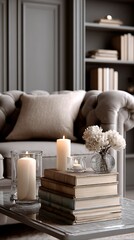 Elegant lounge decorated with books candle and vase arrangement