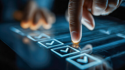 Person interacting with futuristic transparent digital interface displaying illuminated checkboxes in a high-tech environment with glowing blue tones