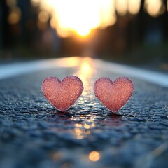 Fototapeta premium Hearts on a quiet road at sunset bring warmth and connection