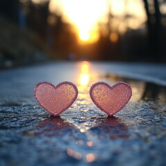 Fototapeta premium Two sparkling pink hearts at sunset on a rainy street create a romantic scene