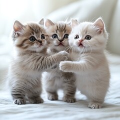 Fototapeta premium Three playful kittens exploring a soft cozy white blanket in bright light