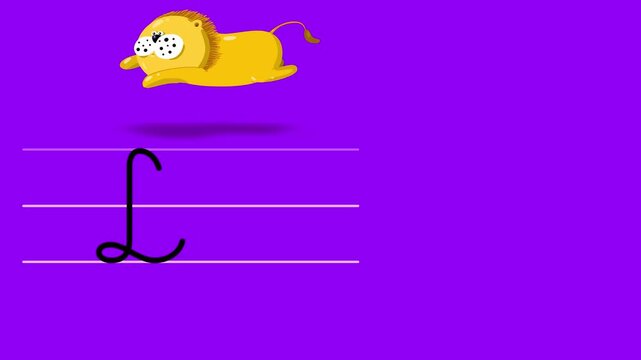 L letter writing like lion cartoon color animation. A compatibile part of the alphabet serie. Handwriting educational style for children. Good for education movies, presentation, learning alphabet.