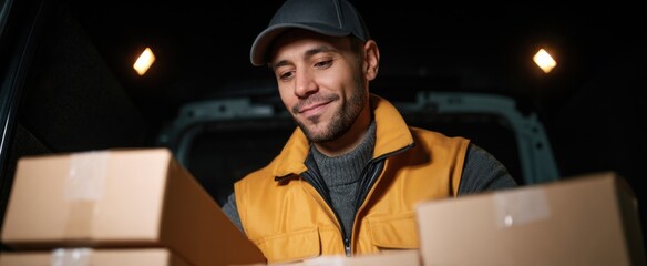 delivery driver organizing boxes in a vehicle for drop-off