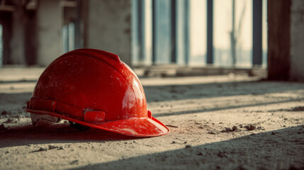 Red safety helmet lying on dusty concrete floor inside partially constructed building with sunlight casting shadows through unfinished windows and pillars
