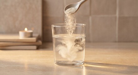 WHEY PROTEIN SUPPLEMENT Pouring Collagen or Protein Powder into Water with a Wooden Spoon for Healthy Supplement Drink