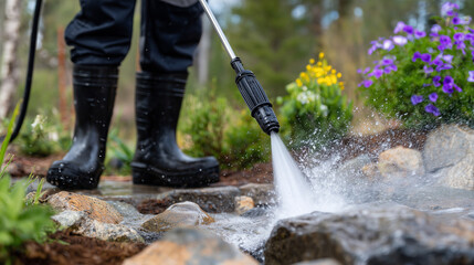 Close-up of pressure washer tip spraying water on stones, black boots standing firmly, moss and dirt being blasted off, green plants and flowers blurred in background, sparkling dr