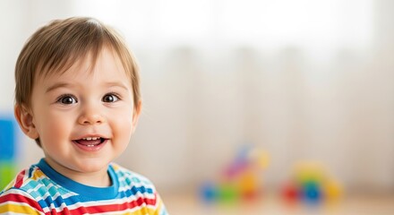 A young child with a colorful striped shirt, smiling and looking at the camera.