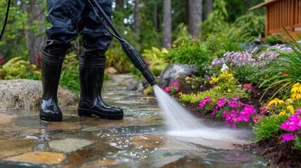 Garden maintenance scene, person in black rubber boots using pressure washer on stone pathway, moss and grime washing away, vibrant foliage and flowers surrounding path, sparkling