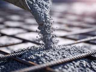 Pouring wet concrete onto steel reinforcement bars during construction to create a strong and durable building foundation with close-up textures and details