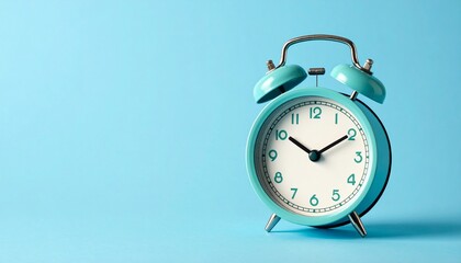A retro blue metal alarm clock with white bells and a classic vintage face stands as an isolated morning reminder to wake up for a deadline before the hour and minute hands move