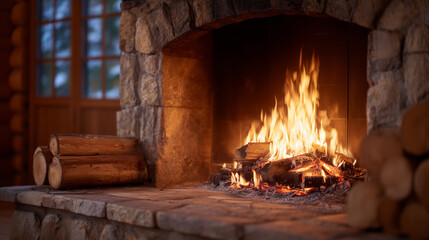 Close-up of roaring fire in a rustic stone fireplace, flickering flames illuminating stacked firewood, warm golden glow highlighting textures of stone and wood, cozy home interior