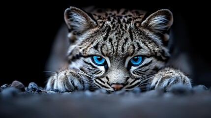 Obraz premium Wild leopard with striking blue eyes resting on rocky surface against dark background. Powerful predator showcasing natural beauty and intense gaze.
