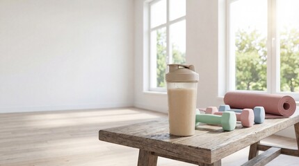 Protein Shake, Dumbbells, and Yoga Mat on a Wooden Bench in a Bright Home Gym