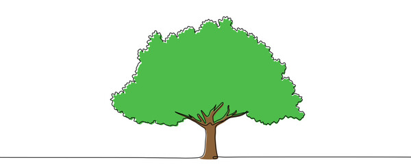 Spreading deciduous tree with a green crown and brown trunk. Drawing in one line art style with editable black stroke on a white background. Vector illustration.