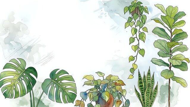 Watercolor houseplants frame with monstera, snake plant and fiddle leaf fig creating botanical border on white background for home decor and gardening designs.