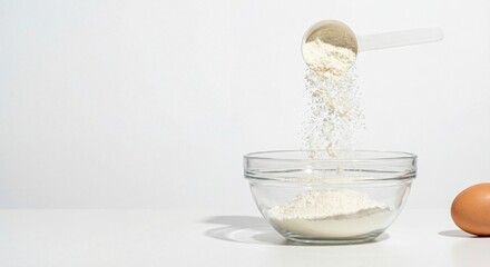 Whey Protein Powder Being Poured into Bowl with an Egg