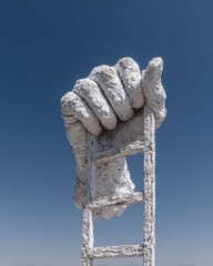 Striking Sculpture of a Stone Hand Clenching a Ladder against a Clear Blue Sky Symbolizing Strength, Ambition, and Determinationsculpture