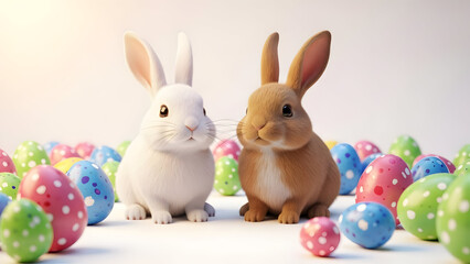 Easter bunnies with colorful eggs flat design vector illustration, cute cartoon animals