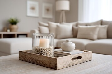 Elegant neutral living space wooden table with candle tray