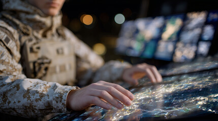 Close-up of soldierâs hands operating control panels, tactical operations screens glowing with maps and analytics, reflections and subtle backlighting enhancing high-tech military