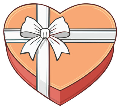 Romantic heart shaped gift box with a white ribbon bow cartoon illustration