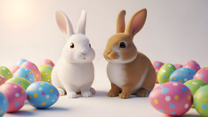 Easter bunnies with colorful eggs vector illustration, cute cartoon flat design