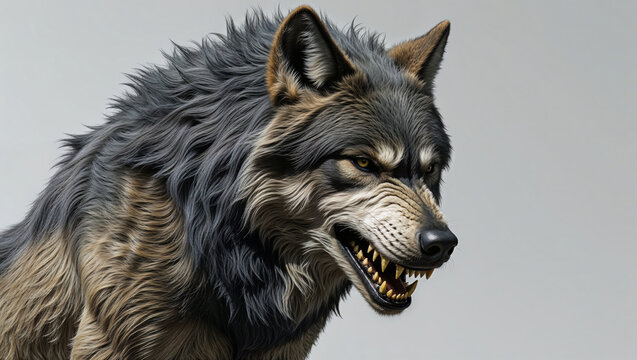 Werewolf Monster Character, Wolfman Portrait over Gray Studio Background