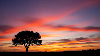 Vibrant sunset over serene landscape with lone tree silhouette