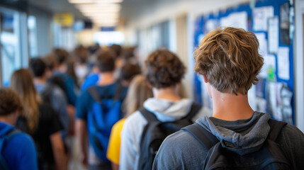 Wide-angle view of a line of students in a school hallway, casual clothing, backpacks, lockers and bulletin boards lining walls, diverse ethnicities, natural lighting creating soft