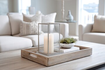 Elegant neutral living space wooden table with candle tray