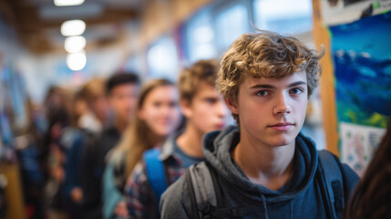 Students waiting in line in school corridor, colorful casual outfits, backpacks, soft overhead lighting casting natural shadows, lockers and educational posters in background, focu