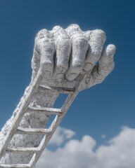 Large Abstract White Hand Sculpture Holding Iron Ladder Against Clear Blue Sky With Floating Clouds Representing Achievement and Aspiration Conceptsculpture