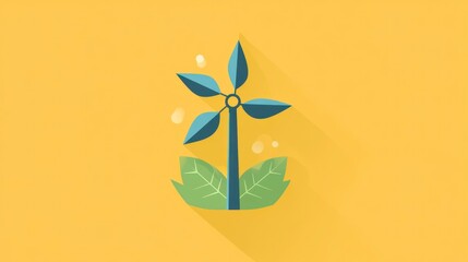 Stylized wind turbine and plant icon on yellow background for energy concept