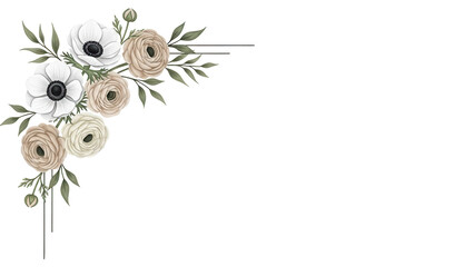 Hand painted minimal floral corner element featuring anemones and ranunculus in a neutral color scheme isolated on white background