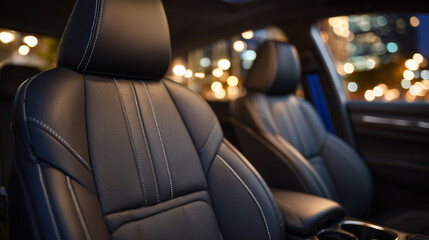 Close-up of black leather car seats, detailed stitching visible, modern ergonomic design, ambient cabin lighting highlighting textures, sleek interior of luxury vehicle