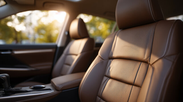 Brown leather car seats in a premium car interior, rich texture and intricate stitching, soft natural light from windows casting shadows, modern dashboard and cabin elements softly