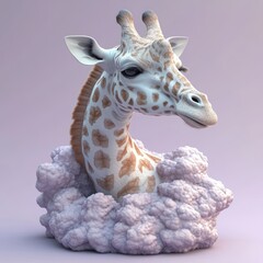 Giraffe head emerging from pastel clouds in a whimsical dreamy setting