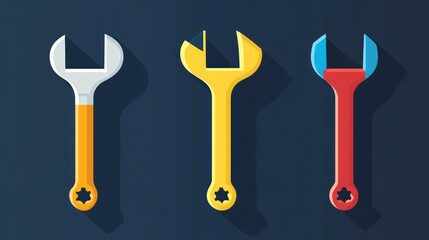 Three colorful wrenches isolated on a dark blue background vector illustration