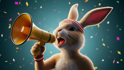 Cute Bunny with Megaphone Celebrating Party Vector Illustration Flat Design