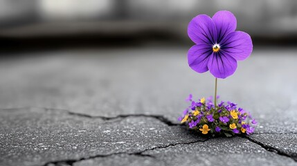 Vibrant bloom emerging from the cracks of a worn concrete path