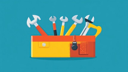 Toolbox illustration wrenches and tools in bright colors on blue background