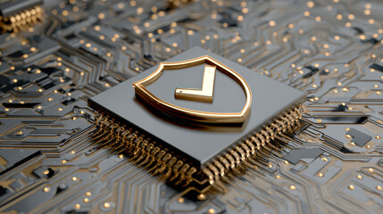 Conceptual glowing golden shield icon on a central processor chip representing advanced cybersecurity protection on a digital motherboard circuit board background