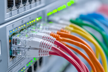 Network cables of various colors plugged into a server switch with glowing green indicator lights in a modern data center or technology infrastructure environment