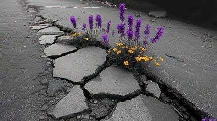 Beauty of resilience as flowers bloom through cracked pavement in urban setting