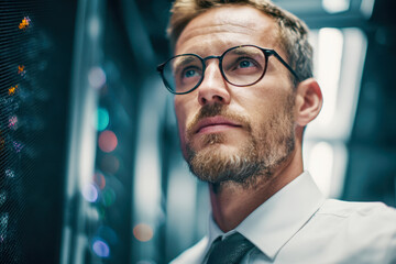 Focused professional man wearing glasses and tie analyzing data in a high-tech server room environment with colorful digital lights around him