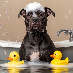 Happy dog enjoys a bubbly bath with yellow rubber ducks and playful atmosphere