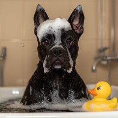 Funny French bulldog enjoys bubble bath with rubber ducky in cozy bathroom setting